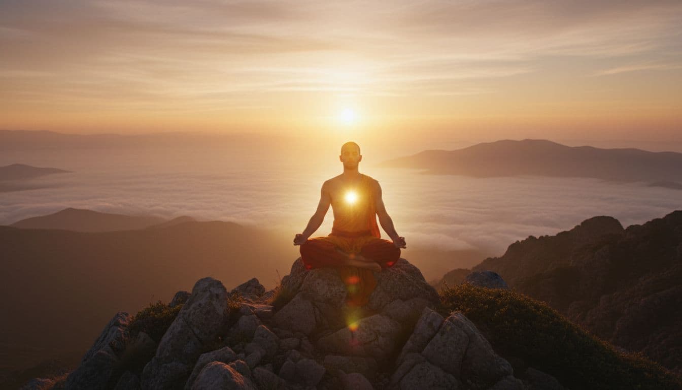 Person meditating at sunrise on a mountain peak, radiating warm golden energy
