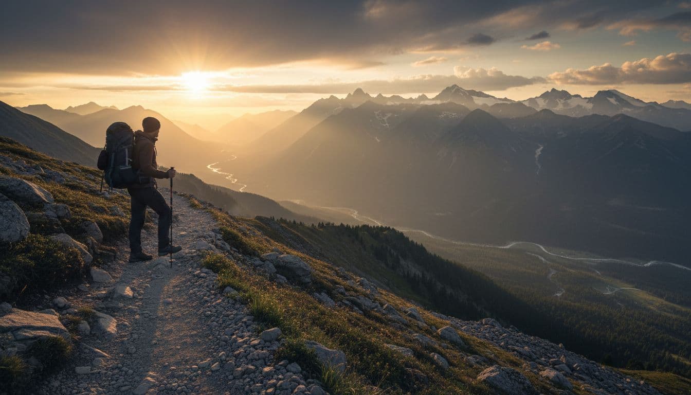 Person at the beginning of a mountain hiking trail at sunrise with epic landscape ahead