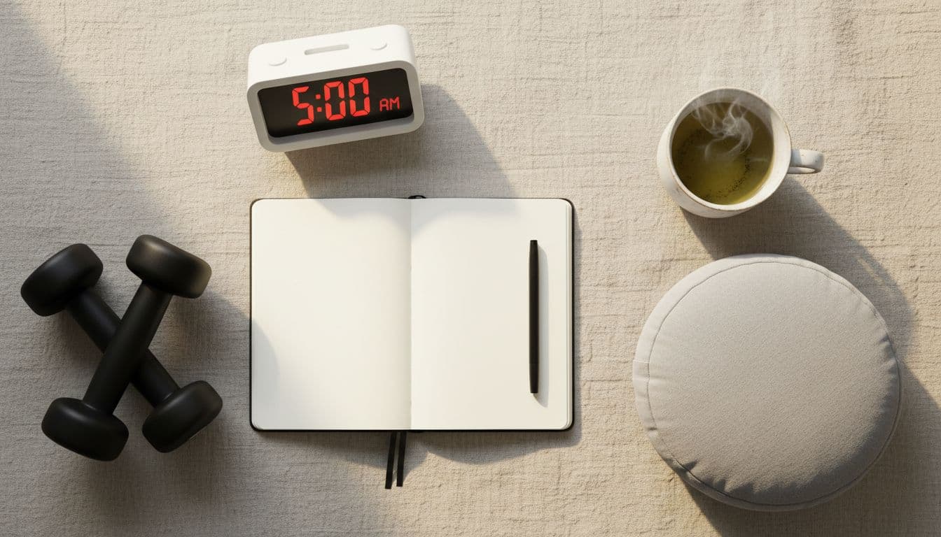 Morning routine essentials - journal, tea, meditation cushion, and workout gear
