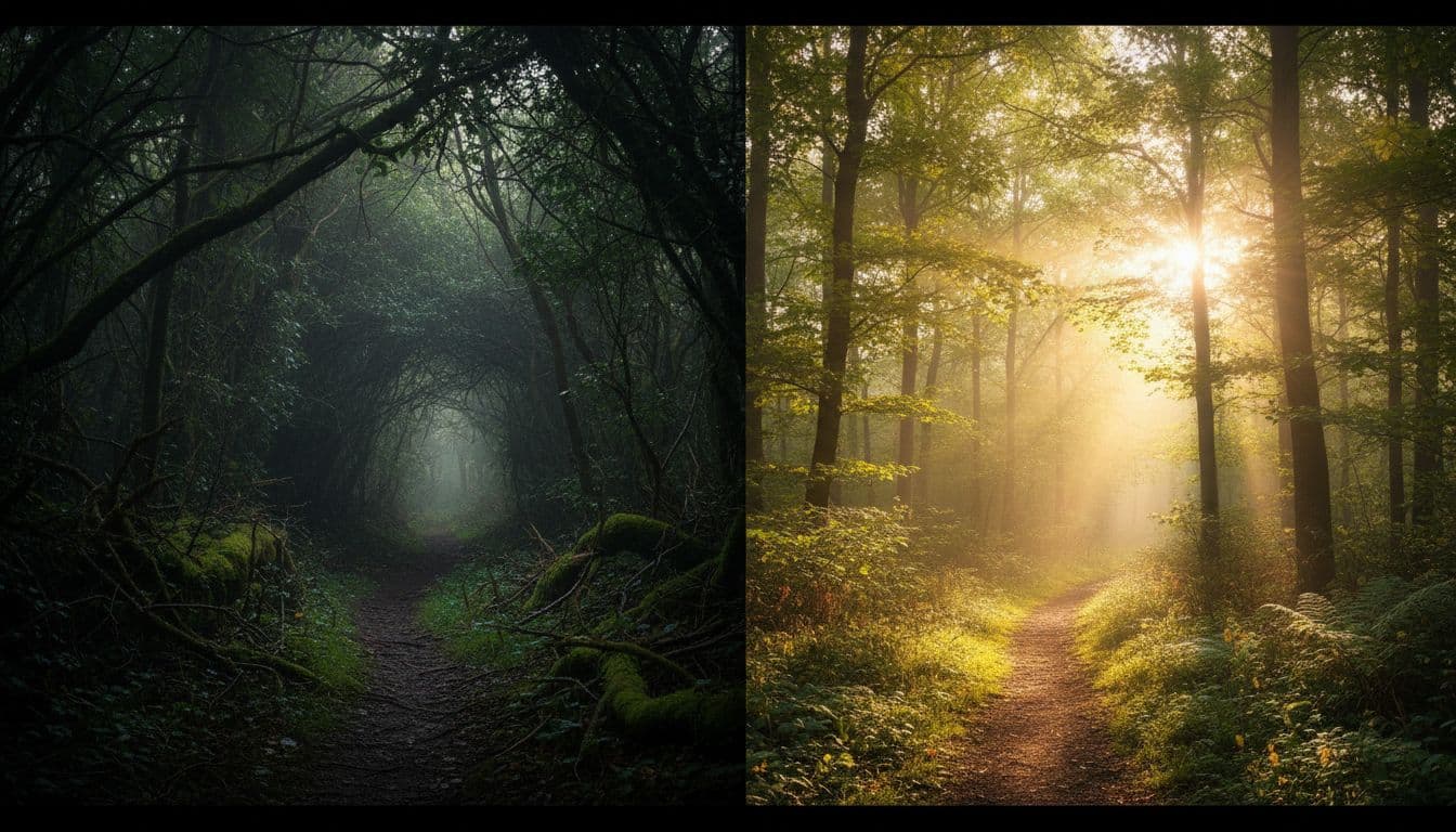 A forest path diverging into two directions - one dark, one leading to sunlight