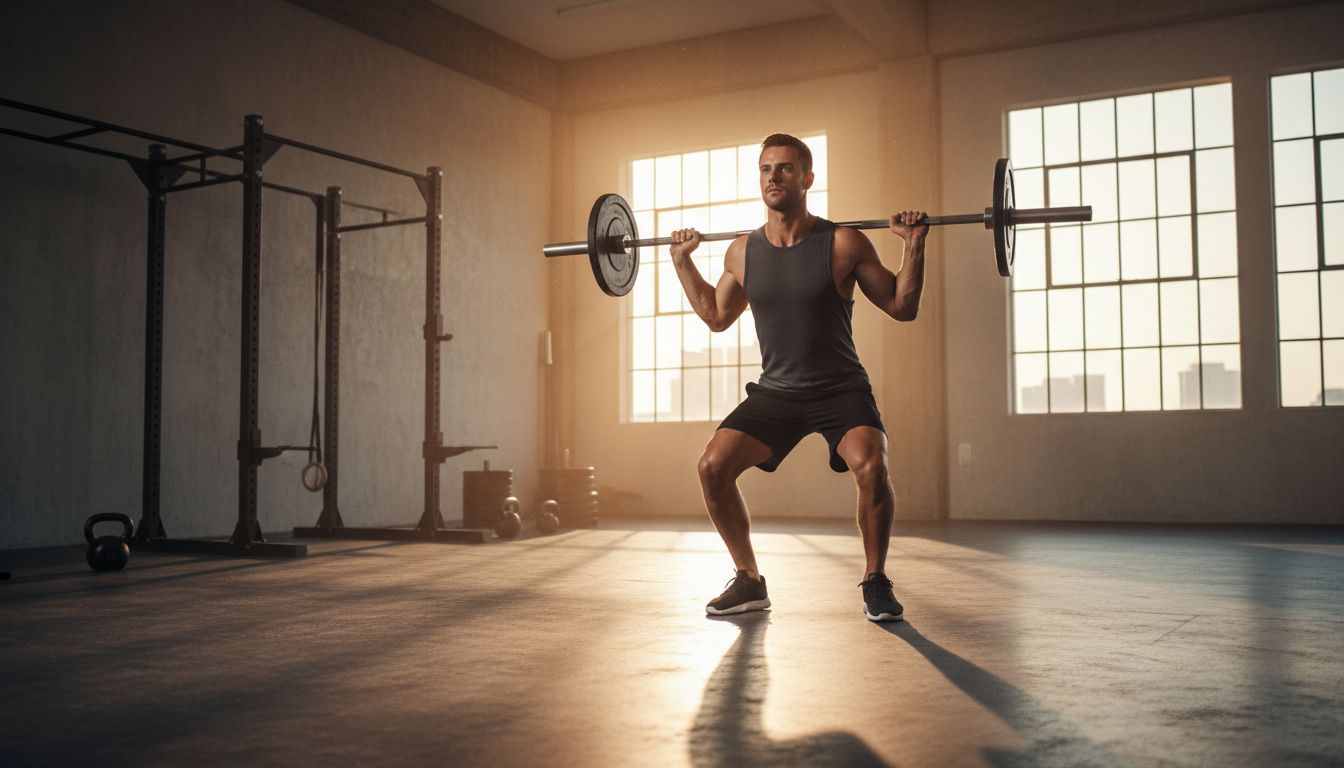 Athletic man working out at dawn in golden light, radiating energy and vitality