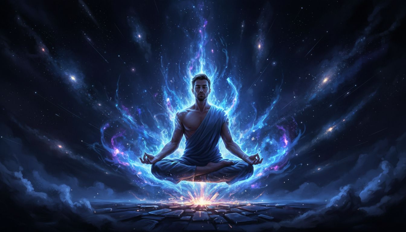 Man in deep meditation surrounded by ethereal energy aura