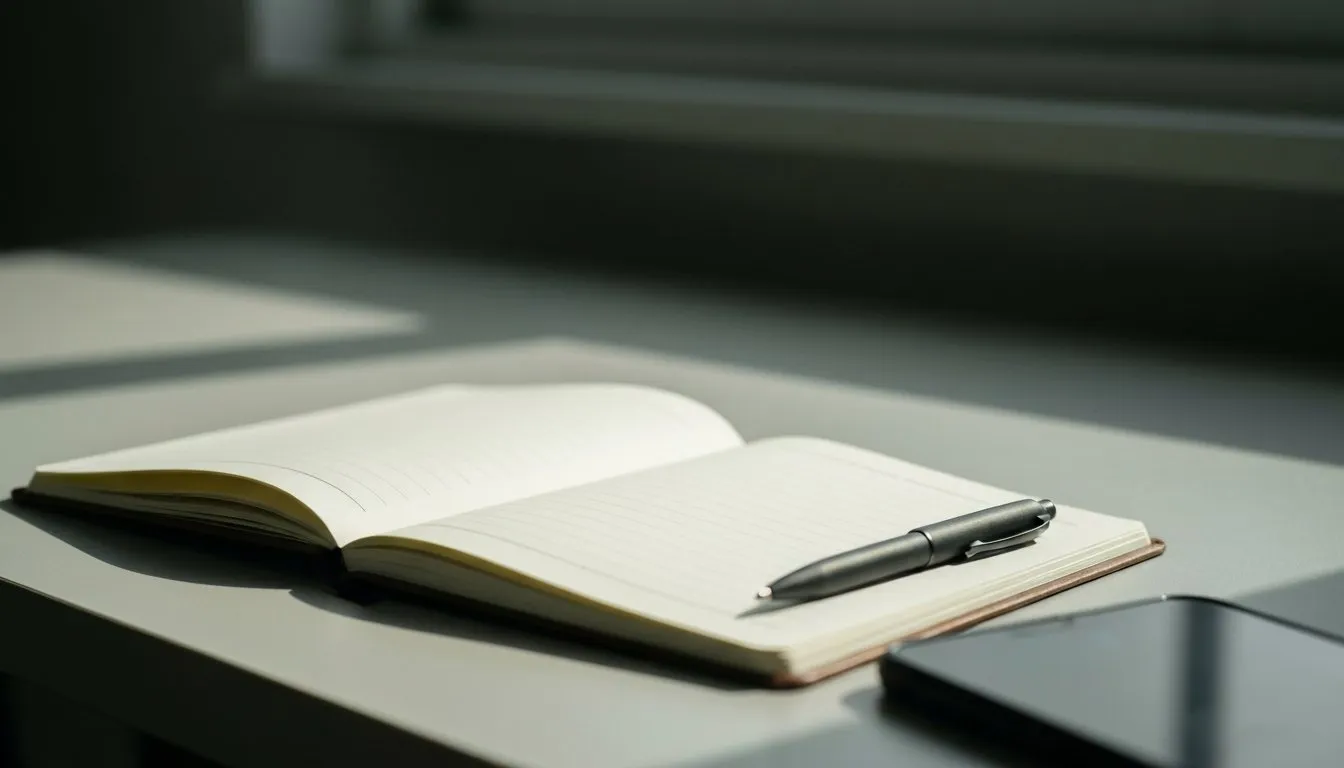 A notebook and phone on a plain desk in morning light, a simpler approach to tracking