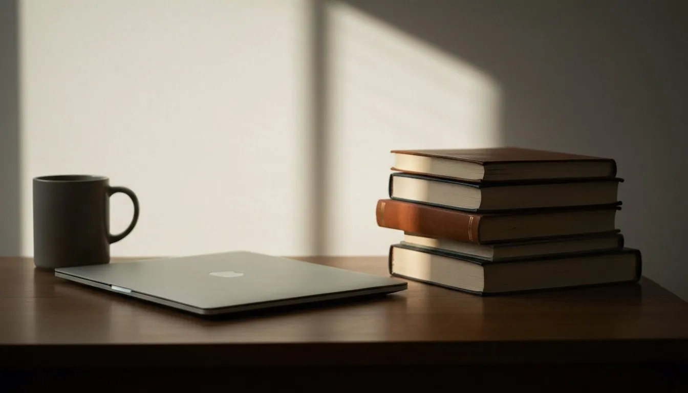 A quiet study space with a closed laptop and a journal, choosing between a course and a tracker