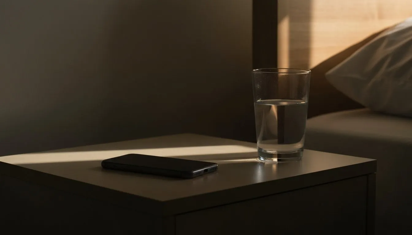 A minimal phone home screen on a bedside table at dawn, choosing fewer features