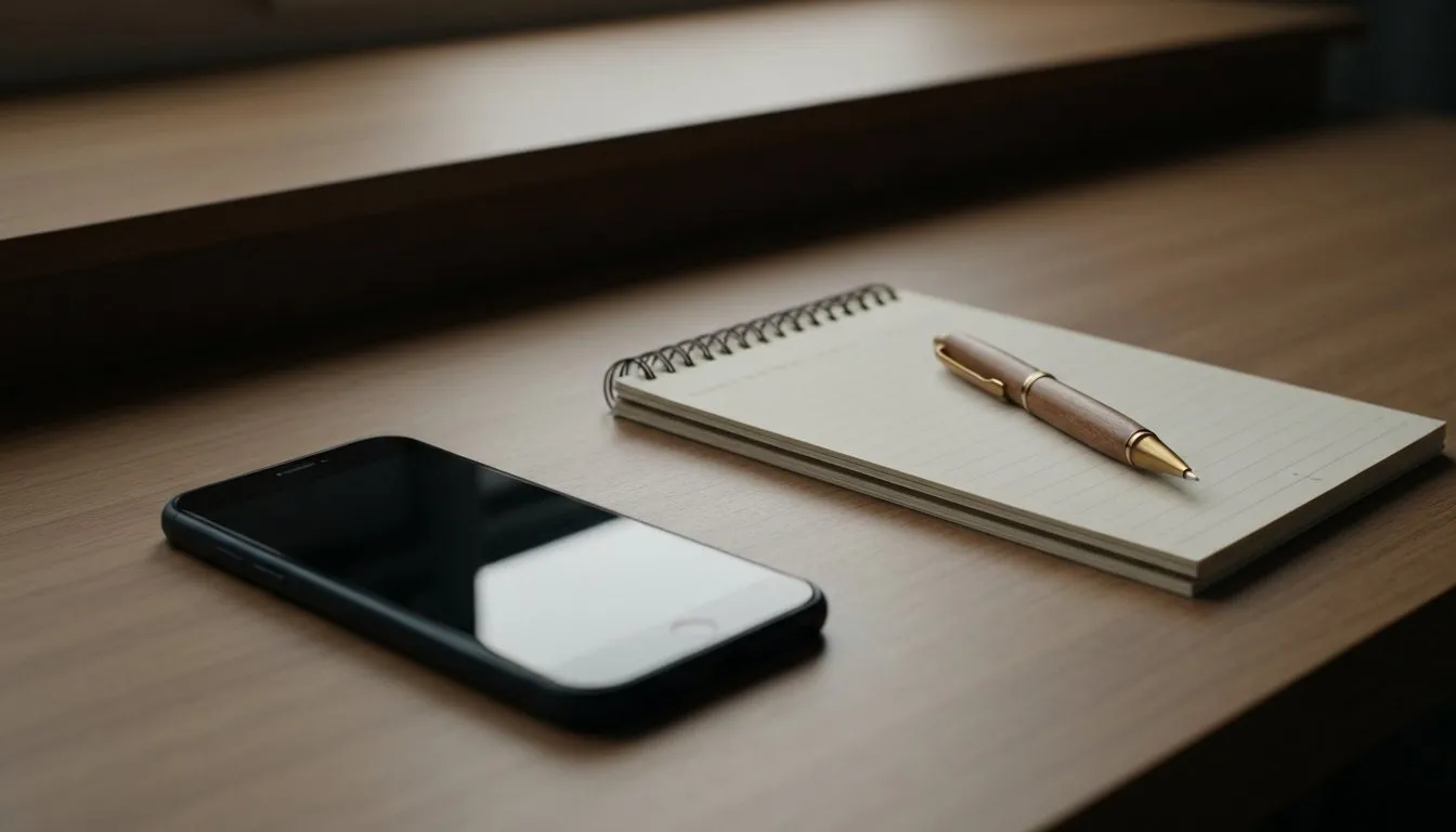 A phone face up beside a notebook on a clean desk, choosing a NoFap streak tracker