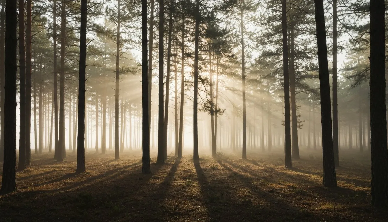Morning fog lifting over a pine forest as the sun breaks through, brain fog clearing