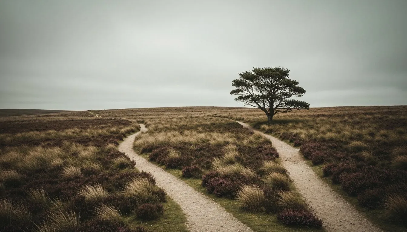 Two footpaths diverging across open moorland, celibacy and NoFap as separate routes