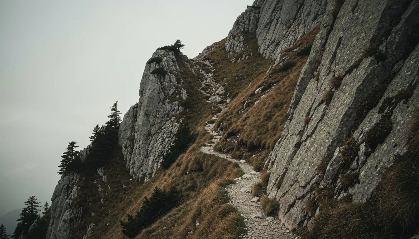 A steep mountain path in flat morning light, representing the stricter version of the challenge