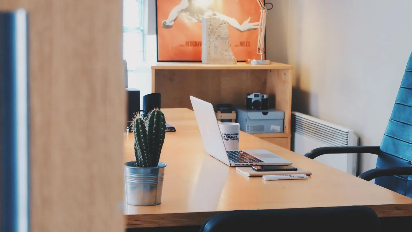 A desk with a laptop and a plant in an office in daylight
