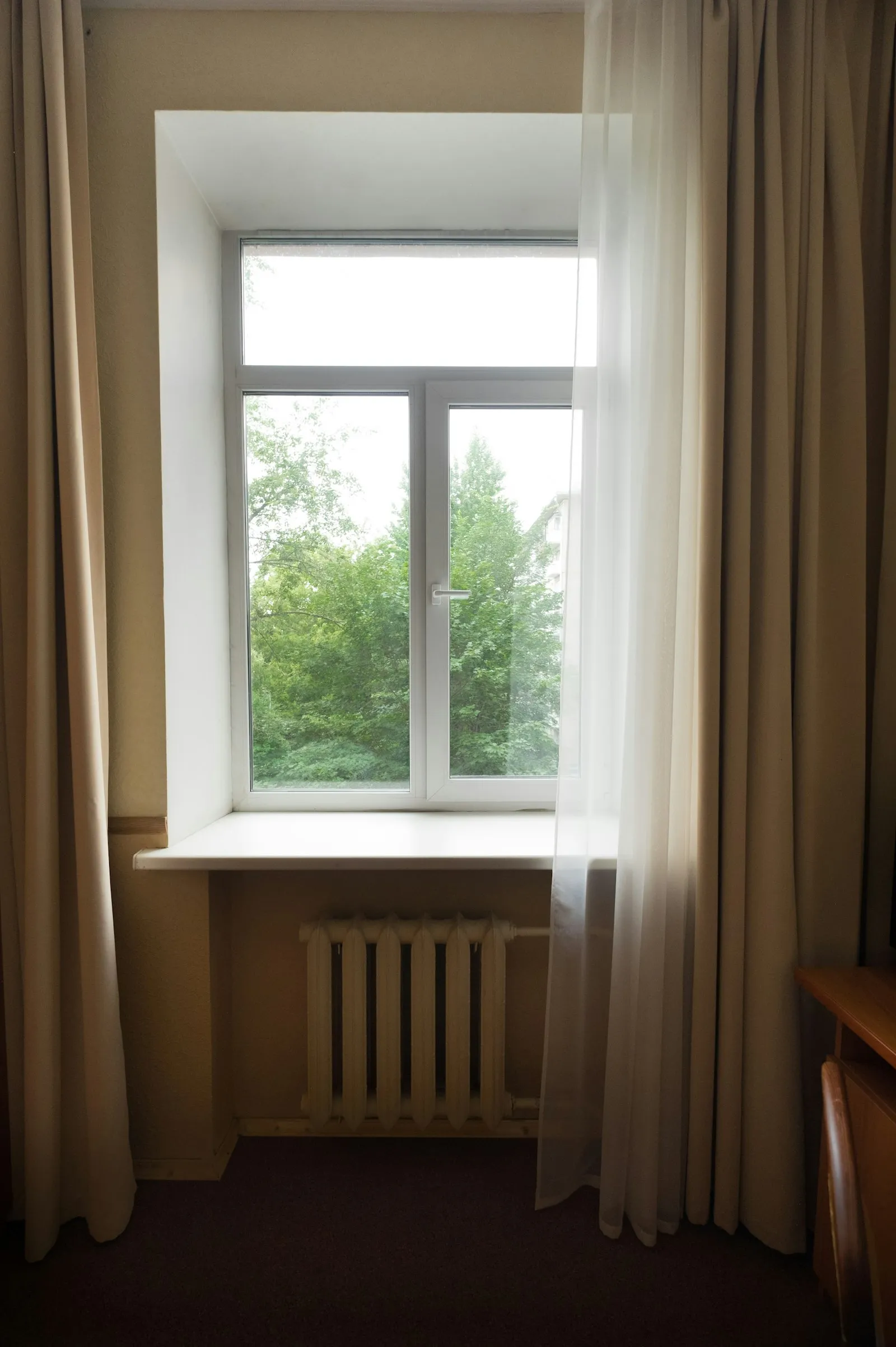 An open window in a quiet room letting in daylight and green from outside