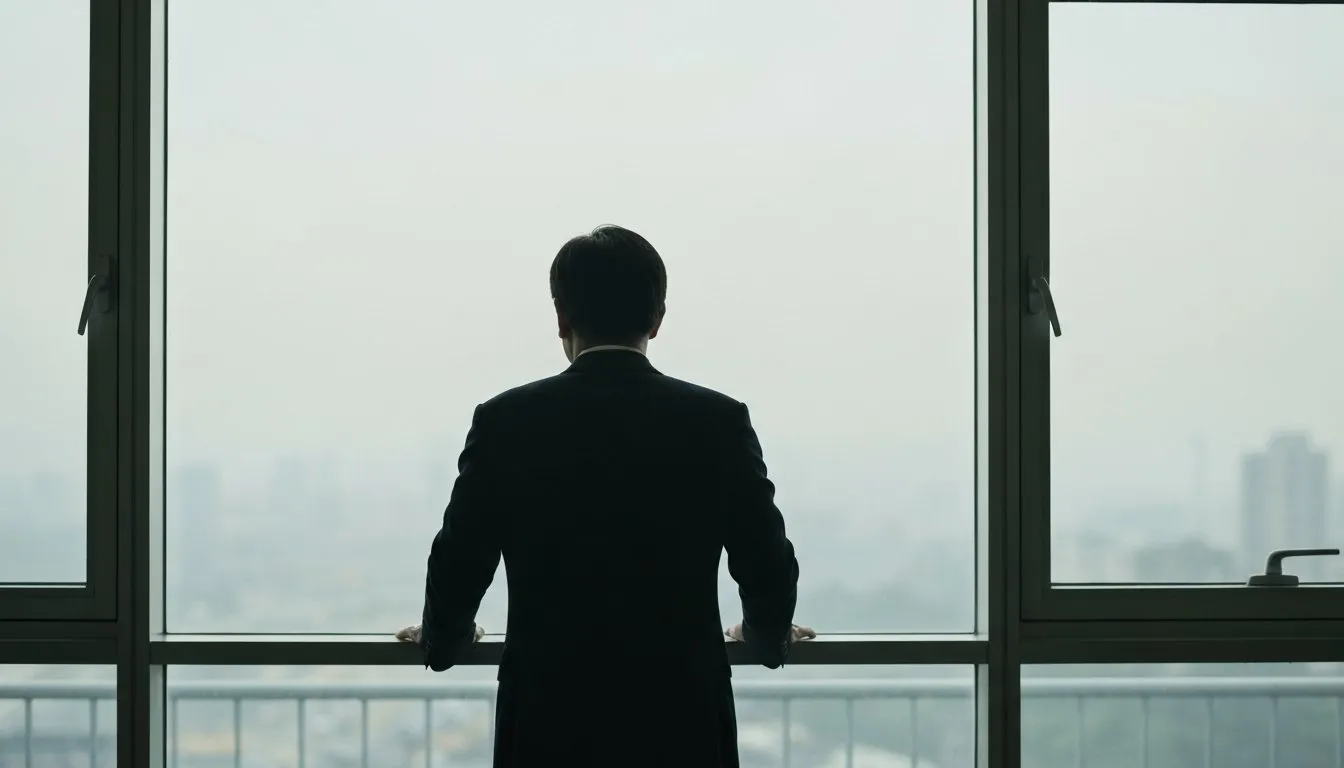 A person standing at a window in overcast morning light, the restless anxiety of early abstinence