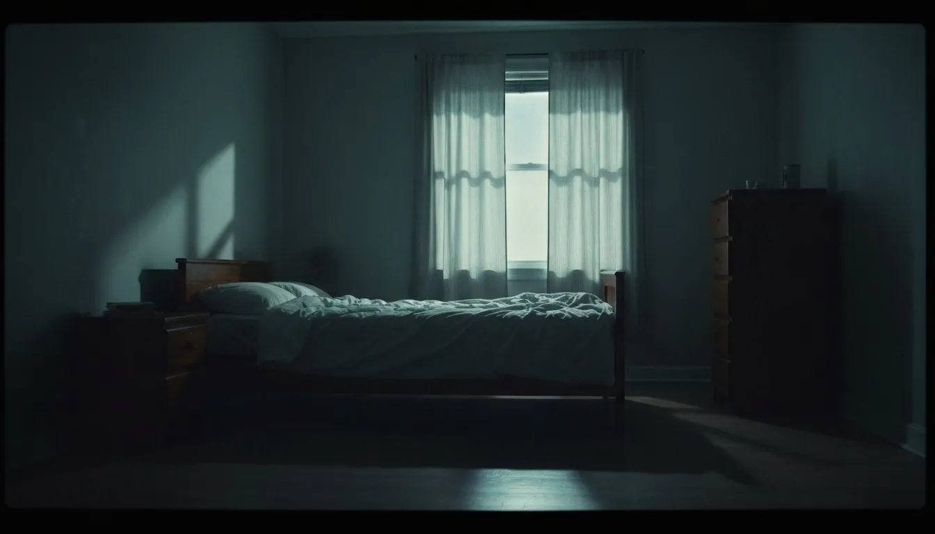 A dark bedroom at 3am with faint light through the curtains, the sleeplessness of early NoFap