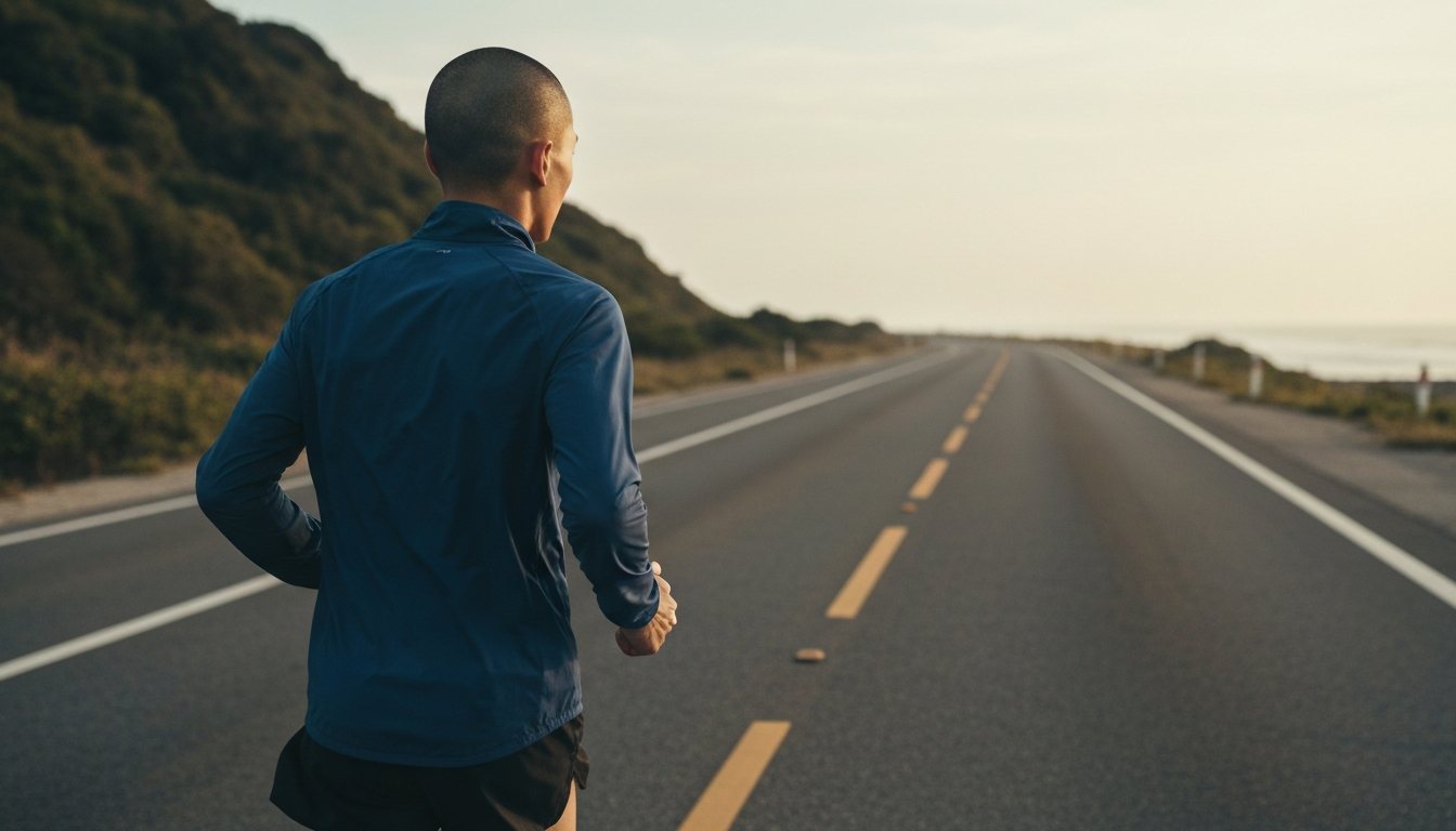 A lone runner on an empty coastal road at first light, the long road of a NoFap timeline ahead