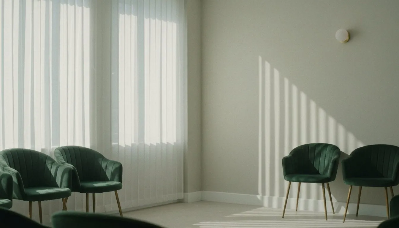 A calm, neutral clinic waiting room in daylight, seeking help for PIED recovery