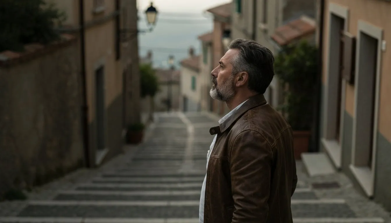 A man sitting on outdoor steps at grey morning, about to stand up after a relapse
