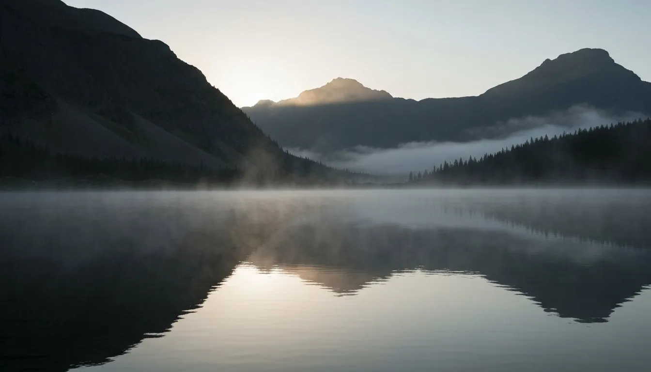 A mirror-still mountain lake at dawn, stillness as the image of retention