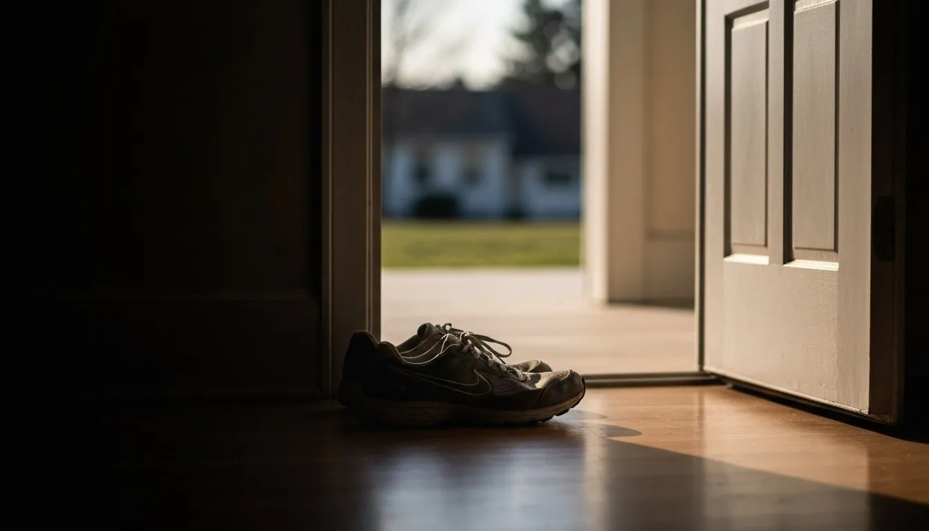 Worn running shoes by an open door at first light, the first day of a celibacy streak