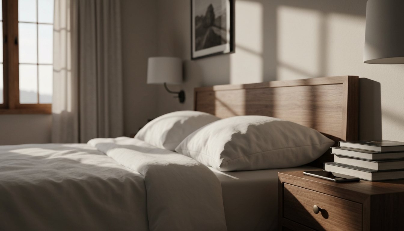 A tidy bedroom at dawn with the phone left face down, the environment design behind quitting