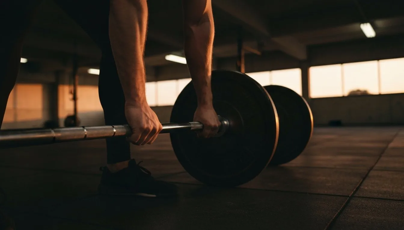 Hands gripping a barbell in a bare gym at dawn, sexual energy channelled into physical work