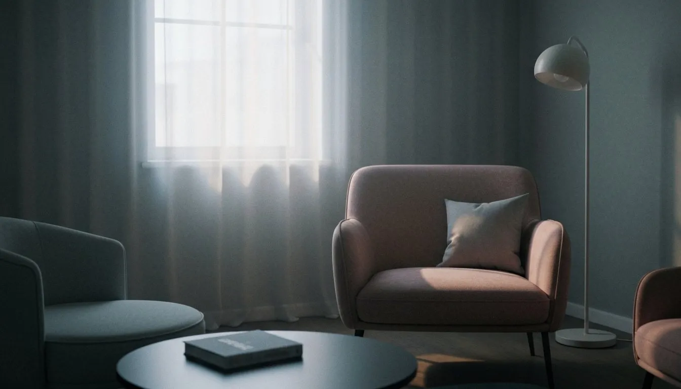 A dark bedroom just before dawn with faint light through the curtains