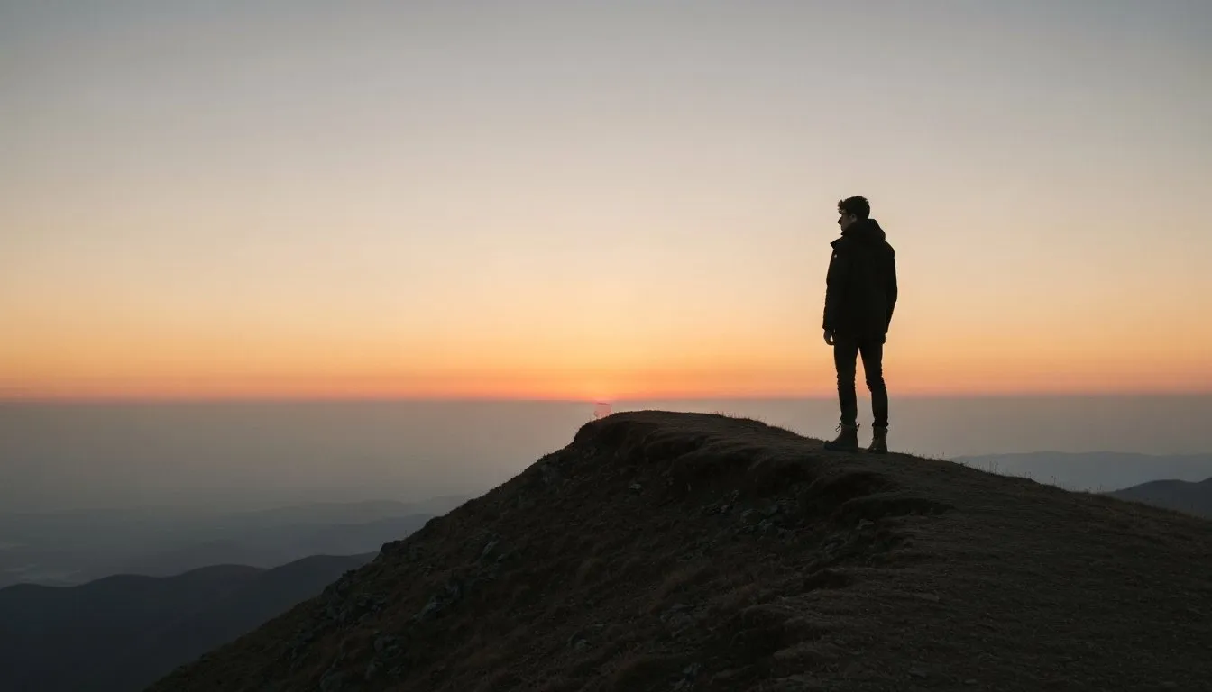 Man at sunrise on a mountain ridge, symbolizing transformation through celibacy