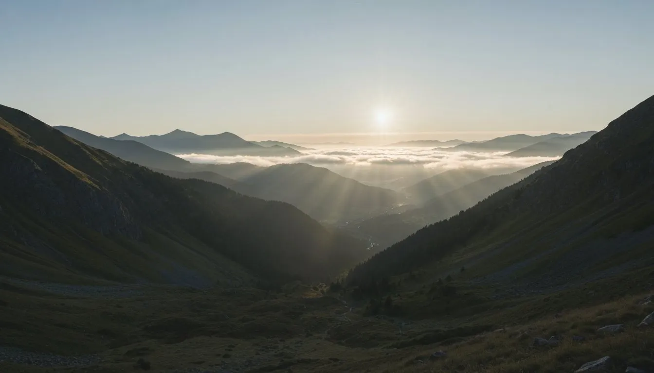 Mountain landscape with morning sun breaking through, representing the clearing of cognitive fog