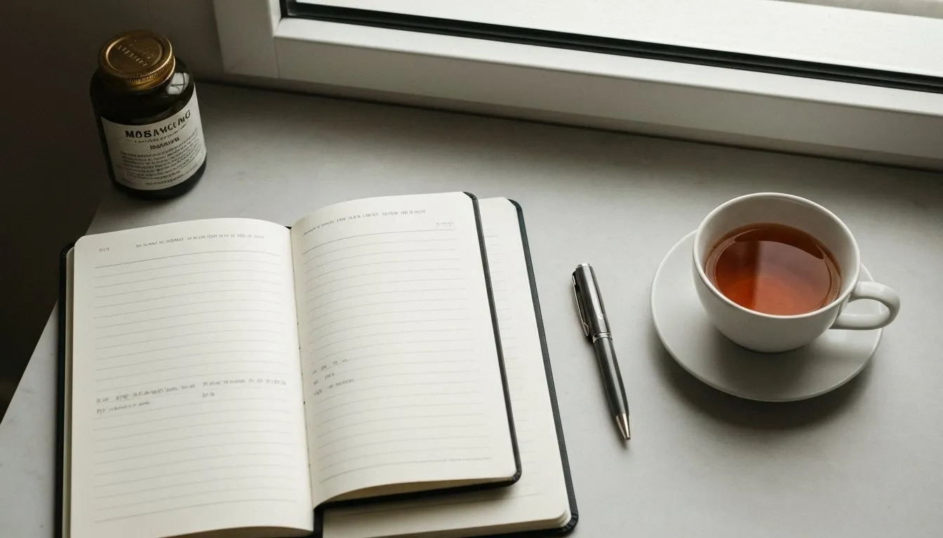 Morning routine essentials - journal, tea, and a clean workspace