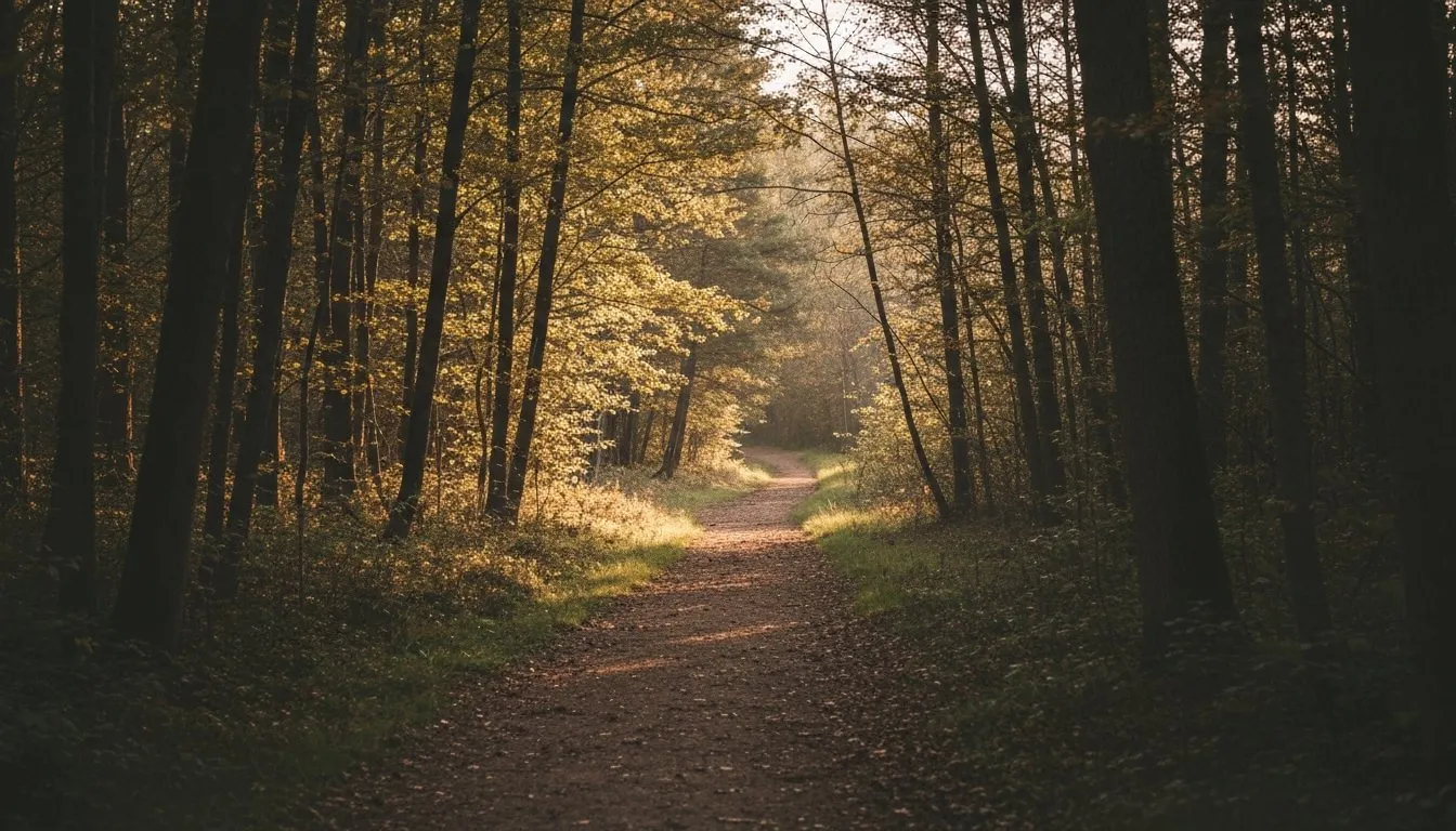 Person walking a forest path in golden afternoon light, symbolizing the long but doable recovery