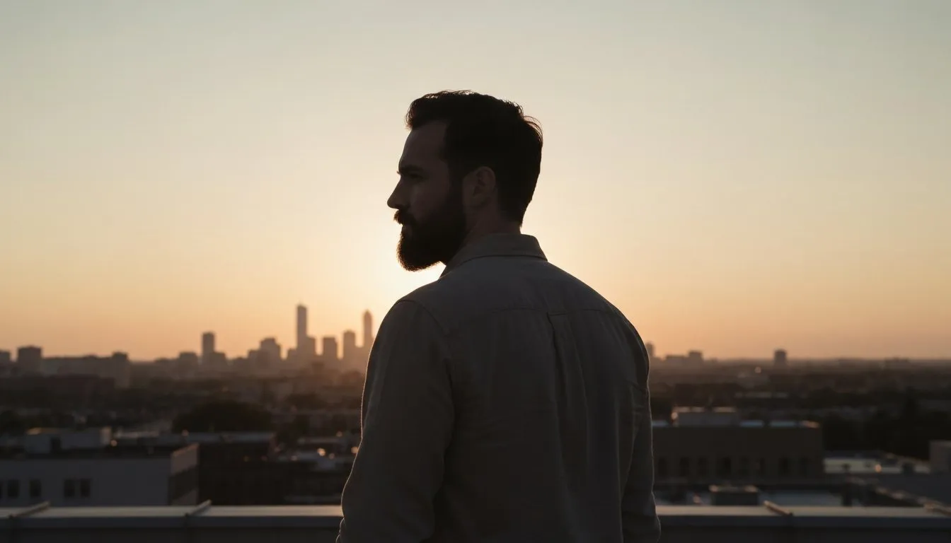 Young man at sunrise looking out over a city skyline