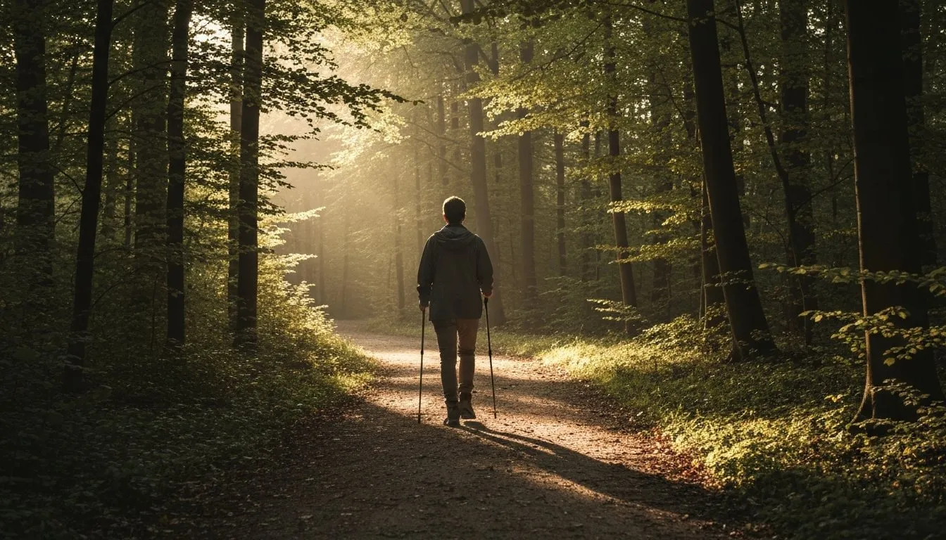 Man walking on a forest path in golden afternoon light