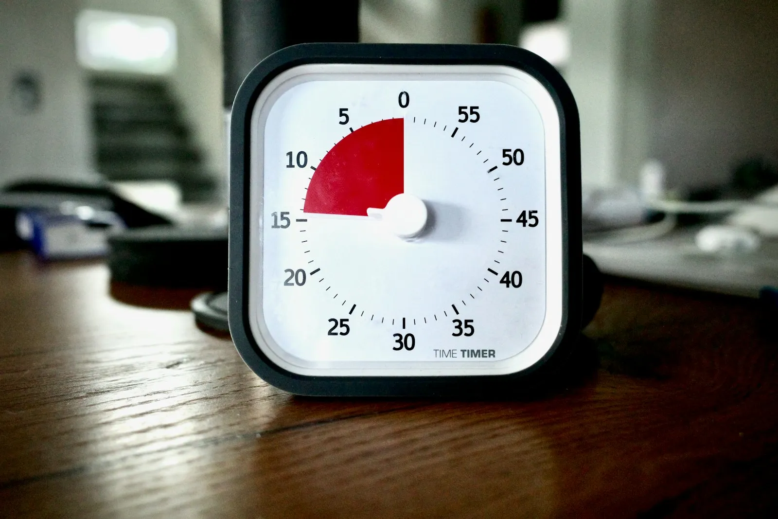 A visual countdown timer sitting on a desk