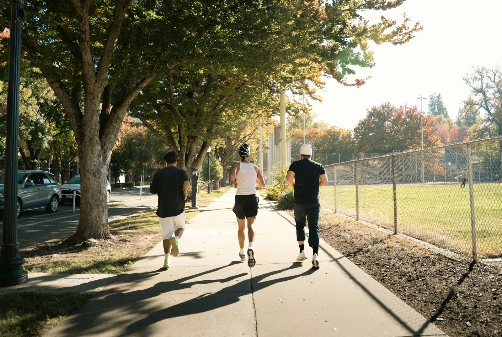 People running along a tree lined path in the morning