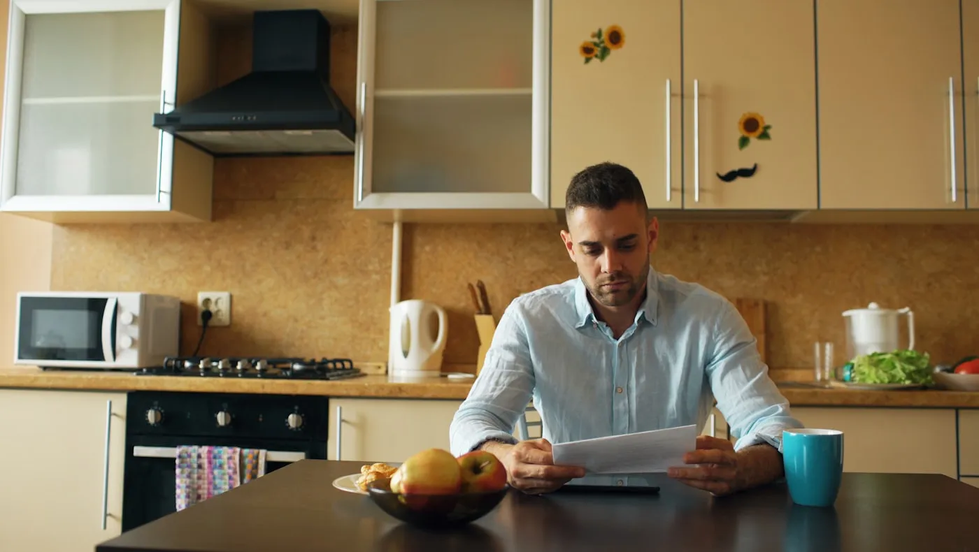 A man standing in a kitchen early in the morning