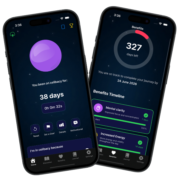 Celibacy Tracker app showing streak counter, benefits, education section and journal on iPhone screens